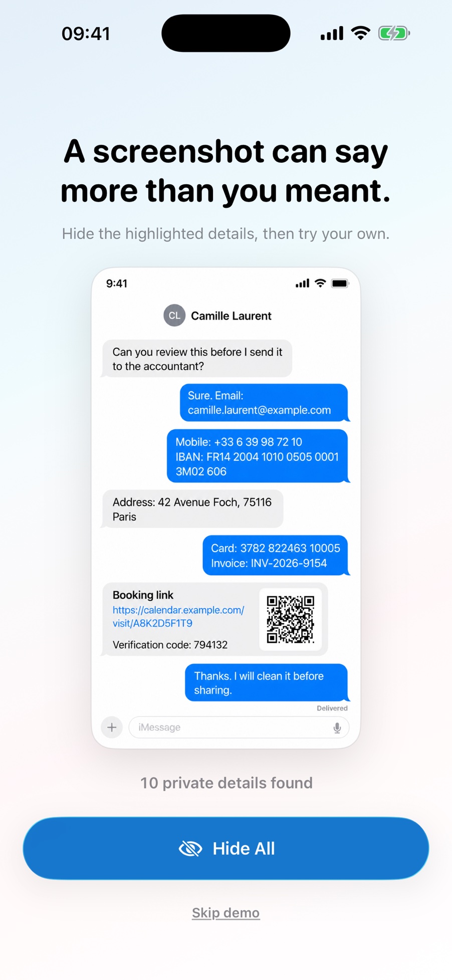 Before You Share demo showing highlighted sensitive details in a message screenshot
