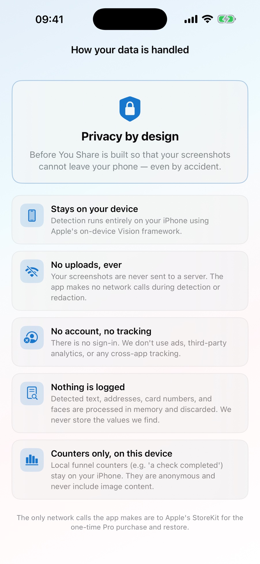 Before You Share privacy screen explaining on-device processing