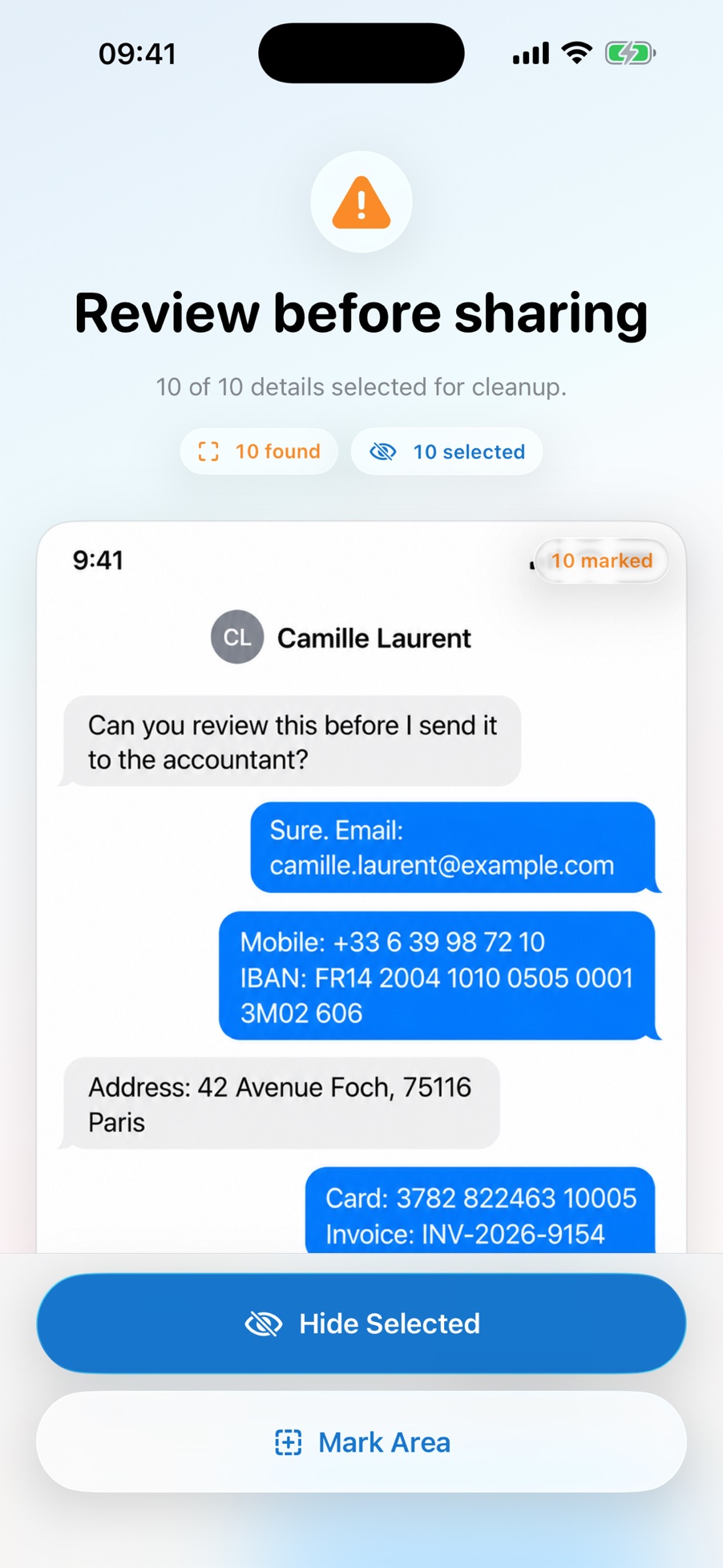 Before You Share review screen with selected details ready to hide